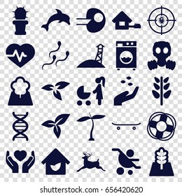 Life icons set. set of 25 life filled icons such as plant, hand with seeds, deer, heartbeat, leaf, hands holding heart, dna, sperm, cactus, tree, eco house, washing machine