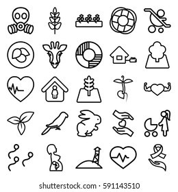 life icons set. Set of 25 life outline icons such as giraffe, parrot, leaf, rabbit, man in home, sprout plants, sprout, heartbeat, heart with muscles, plant