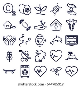 Life icons set. set of 25 life outline icons such as giraffe, deer, plant, rabbit, man in home, heartbeat, hands holding heart, dna, heartbeat watch, sperm, easter egg
