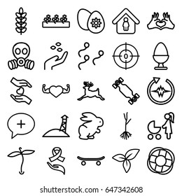 Life icons set. set of 25 life outline icons such as deer, plant, rabbit, hand with seeds, man in home, sprout plants, sprout, heart with muscles, leaf, hands holding heart