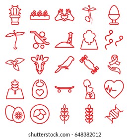 Life icons set. set of 25 life outline icons such as giraffe, parrot, plant, leaf, baby bid, sprout plants, sprout, heart tag, dna, heartbeat, ribbon on hand, pregnant woman