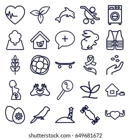 Life icons set. set of 25 life outline icons such as parrot, rabbit, hand with seeds, heart with muscles, leaf, plant, heart tag, search sperm, medical cross, heartbeat