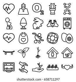 Life icons set. set of 25 life outline icons such as rabbit, baby bid, man in home, sprout plants, sprout, heartbeat, heart with muscles, leaf, hands holding heart, heart tag