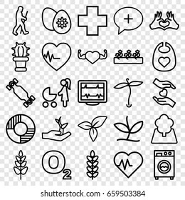 Life icons set. set of 25 life outline icons such as plant, baby bid, sprout plants, heartbeat, heart with muscles, leaf, hands holding heart, heart tag, medical cross, cactus