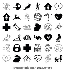 Life icons. set of 36 editable filled and outline life icons such as rabbit, deer, man in home, core, medical cross, caveman, plant, heartbeat, dna, heartbeat watch