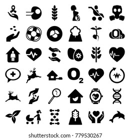 Life icons. set of 36 editable filled life icons such as leaf, hand with seeds, deer, heartbeat, plant, o2 oxygen, sprout, dna, core, hands holding heart, search sperm