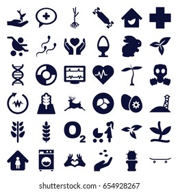 Life icons set. set of 36 life filled icons such as plant, leaf, rabbit, hand with seeds, deer, man in home, sprout, heartbeat, hands holding heart, heart tag, dna