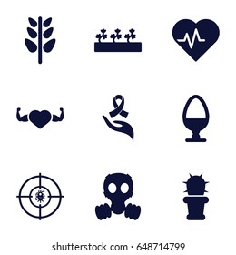 Life icons set. set of 9 life filled icons such as sprout plants, heart with muscles, plant, dna, ribbon on hand, cactus, egg, gas mask