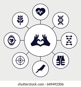 Life icons set. set of 9 life filled icons such as parrot, heartbeat, plant, heart tag, dna, heartbeat watch