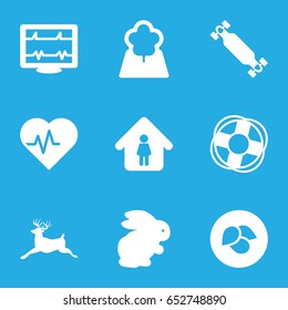 Life icons set. set of 9 life filled icons such as leaf, rabbit, deer, man in home, heartbeat, tree, skate board