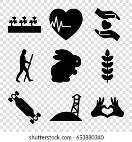 Life icons set. set of 9 life filled icons such as rabbit, sprout plants, hands holding heart, heart tag, heartbeat, skate board, caveman, observation military tower