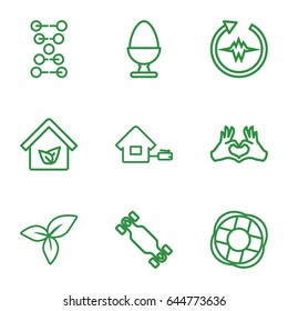 Life icons set. set of 9 life outline icons such as leaf, heart tag, egg, eco house, home, lifebuoy, skate board, heartbeat