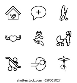 Life icons set. set of 9 life outline icons such as sprout, heart with muscles, medical cross, ribbon on hand, eco house, caveman, core, woman with baby carriage