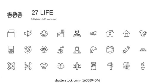 life icons set. Collection of life with dolphin, wake up, balance, nest, seashell, skull, lifesaver, priest, pollution, atom, environment, fishbone. Editable and scalable life icons.