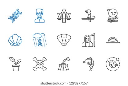 life icons set. Collection of life with environment, dolphin, pollution, skull, plant, balance, death, seashell, acid rain, parrot, priest, dna. Editable and scalable life icons.