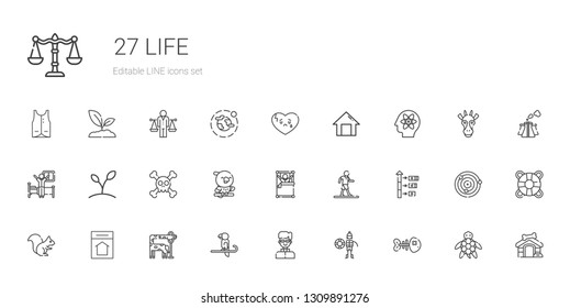 life icons set. Collection of life with fishbone, lifeguard, priest, parrot, giraffe, home, squirrel, growth, walking, wake up, skull, plant. Editable and scalable life icons.