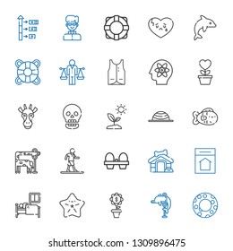 life icons set. Collection of life with float, dolphin, growth, starfish, sleep, home, dog house, organic eggs, walking, giraffe, fish, balance. Editable and scalable life icons.