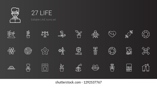 life icons set. Collection of life with plant, nest, pollution, home, growth, balance, float, sprout, insurance, lifeguard, starfish, atoms. Editable and scalable life icons.