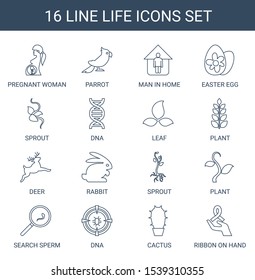 life icons. Trendy 16 life icons. Contain icons such as pregnant woman, parrot, man in home, easter egg, sprout, dna, leaf, plant, deer, rabbit. life icon for web and mobile.