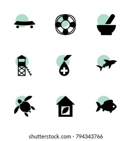 Life icons. vector collection filled life icons set.. includes symbols such as medical bowl, fish, eco house, blood, skate, lifebuoy. use for web, mobile and ui design.