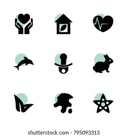 Life icons. vector collection filled life icons set.. includes symbols such as rabbit, leaf, garbage, health insurance, pacifier, eco house. use for web, mobile and ui design.