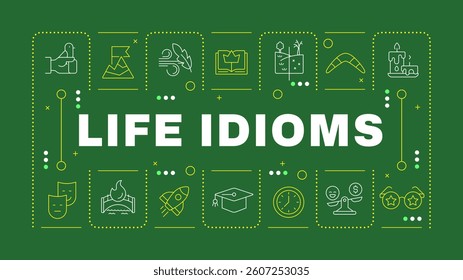 Life idioms green word concept. Social communication, networking. Relationships, interactions. Horizontal vector image. Headline text surrounded by editable outline icons