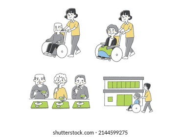 Life illustration set at Elderly Housing with Care Comical handwritten person Vector, line drawing and color