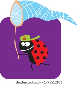 life of insects. beetle with a butterfly net on the hunt. vector drawing for Illustration.