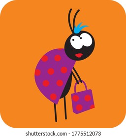 life of insects. beetle girl with a shopping bag. vector drawing for Illustration.
