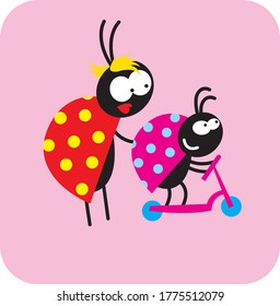 life of insects. mother beetle with her kid on a scooter. vector drawing for Illustration.