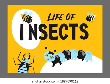 Life of insects yellow background design with funny bugs. Happy bees, cockroach and centipede. Wildlife and fauna concept. Template for promotional or invitation web page