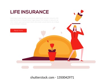 Life insurance - colorful flat design style web banner on white background with copy space for text. A composition with a woman protecting herself from a falling flower pot, accident. Safety concept