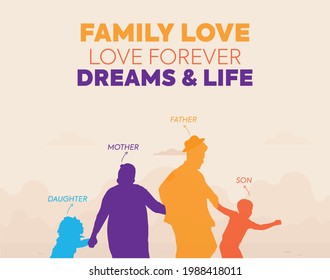 life insurance concept protect family poster and banner for facebook and twitter. happy family. Father, mother, son and daughter holding hands of each other. silhouette portrait. insurance concept. 