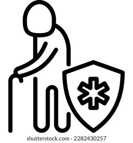 Life insurance: elderly man protection by shield from coronavirus. Nursing home trust. Thin line icon. Vector illustration.