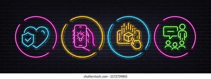 Life insurance, Electric app and Augmented reality minimal line icons. Neon laser 3d lights. People chatting icons. For web, application, printing. Vector