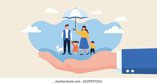 Life insurance, family protection to assure members will be financially supported and risk cover concept, lovely family with husband, wife and kids in supporting hand with umbrella cover protection.