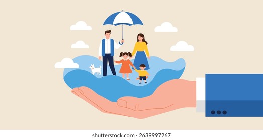Life insurance, family protection to assure members will be financially supported and risk cover concept, lovely family with husband, wife and kids in supporting hand with umbrella cover protection.