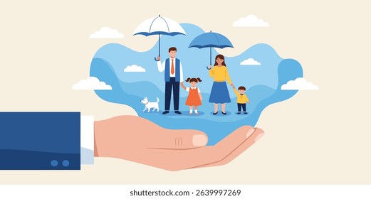 Life insurance, family protection to assure members will be financially supported and risk cover concept, lovely family with husband, wife and kids in supporting hand with umbrella cover protection.