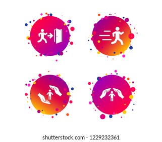 Life insurance hands protection icon. Human running symbol. Emergency exit with arrow sign. Gradient circle buttons with icons. Random dots design. Vector
