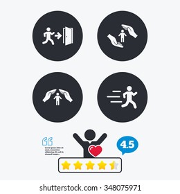 Life insurance hands protection icon. Human running symbol. Emergency exit with arrow sign. Star vote ranking. Client like and think bubble. Quotes with message.