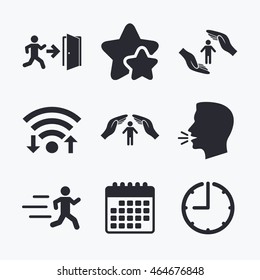 Life insurance hands protection icon. Human running symbol. Emergency exit with arrow sign. Wifi internet, favorite stars, calendar and clock. Talking head. Vector