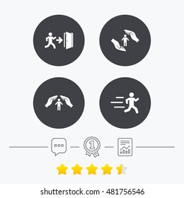 Life insurance hands protection icon. Human running symbol. Emergency exit with arrow sign. Chat, award medal and report linear icons. Star vote ranking. Vector