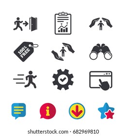 Life insurance hands protection icon. Human running symbol. Emergency exit with arrow sign. Browser window, Report and Service signs. Binoculars, Information and Download icons. Stars and Chat. Vector