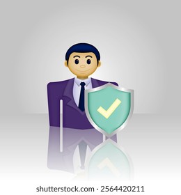 life insurance icon, formal wear person and green shield with check mark, illustration of insurance icon, suitable for application, website, insurance, employee protection, and etc.