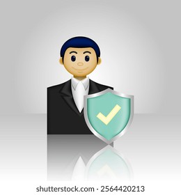 life insurance icon, formal wear person and green shield with check mark, illustration of insurance icon, suitable for application, website, insurance, employee protection, and etc.
