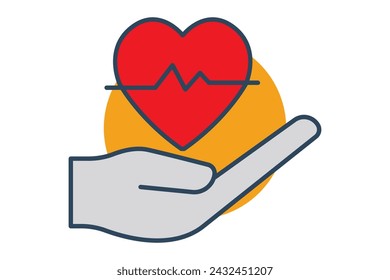 life insurance icon. hand with heart pulse. emblem of protection, security. Ideal for depicting life insurance policies, coverage. flat line icon style. element illustration