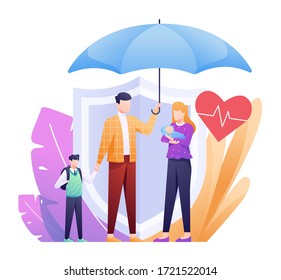 Life Insurance Illustration with Family under Umbrella and Backup Shield as Concept. This illustration can be use for website, landing page, web, app, and banner.