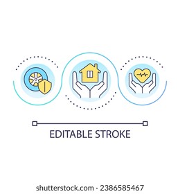 Icono de concepto de bucle de seguro de vida. Cobertura financiera de salud. Política automática. La protección financiera es una ilustración abstracta de la idea en línea delgada. Dibujo de contorno aislado. Trazo editable. Tipo de letra arial utilizado
