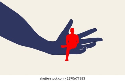 Life insurance, love and charity concept. Big hand holding person. Clients care service. Customer support.