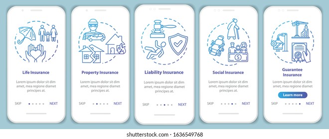 Life insurance onboarding mobile app page screen with concepts. Guaranteed payment. Liability walkthrough 5 steps graphic instructions. UI vector template with RGB color illustrations